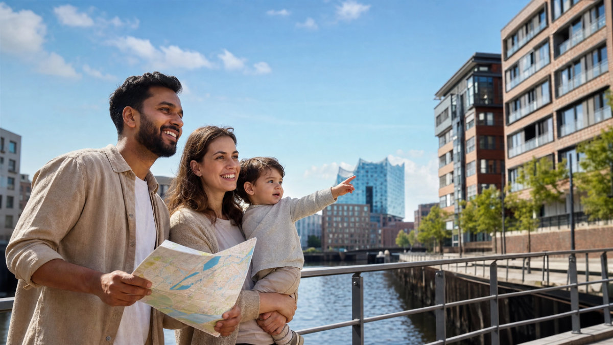 An international family with a city map exploring Hamburg's HafenCity waterfront with the Elbphilharmonie in the background – Relocation Service by City Immobilien Hamburg