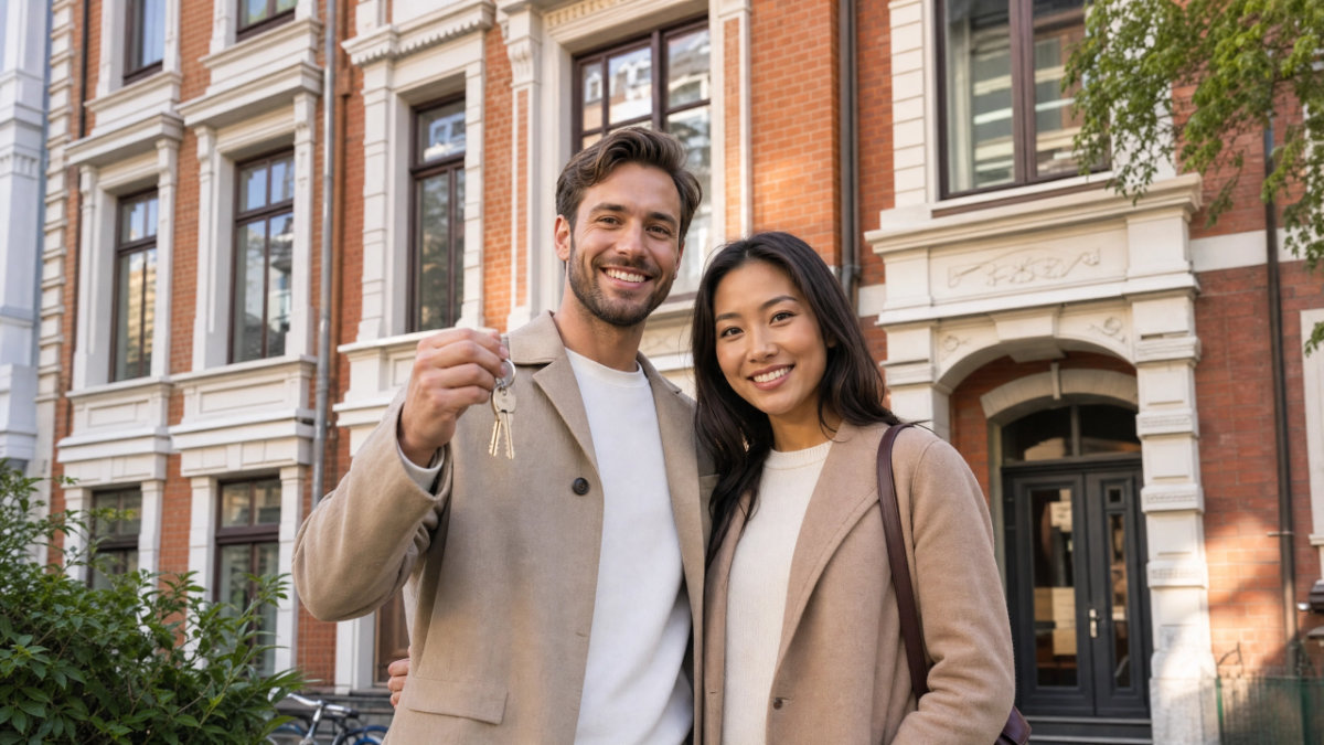 An international couple holding keys to their new apartment in front of a classic Hamburg brick building – Relocation Service by City Immobilien Hamburg